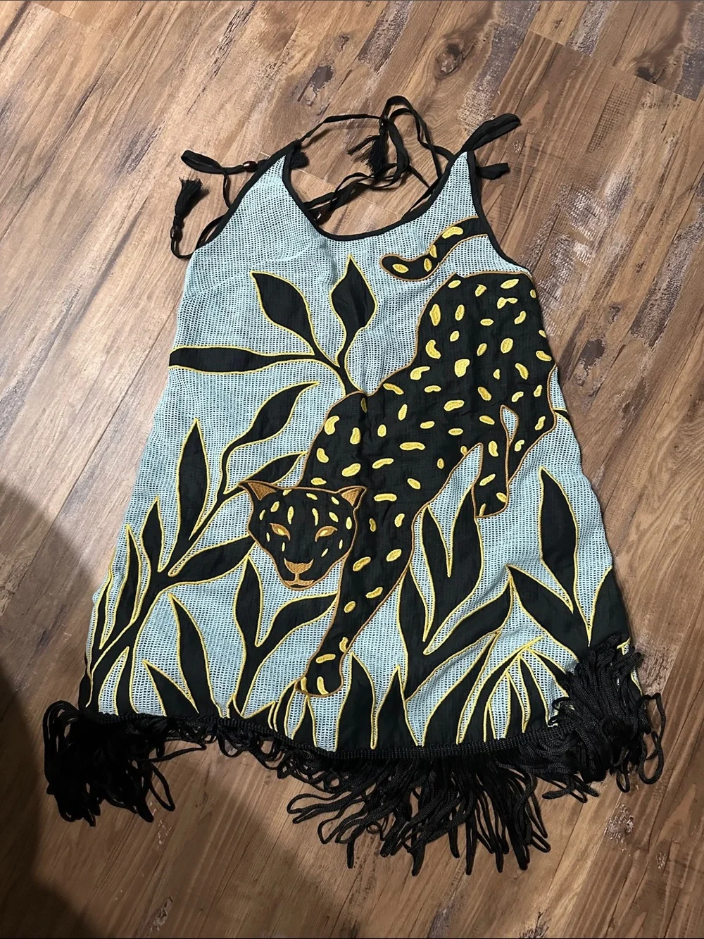 Celadine for anthropologie Black & Light Blue Leopard Fringe Tank Dress